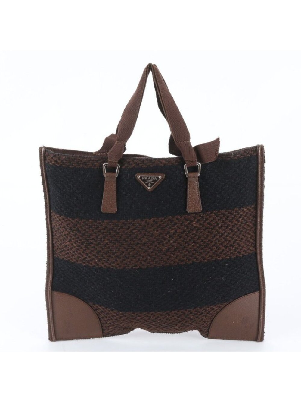 Prada Triangle Logo Leather Tweed Tote